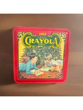 Vintage 1992 Crayola Holiday Tin Box Crayon Storage Red Gold Tin Color Inside